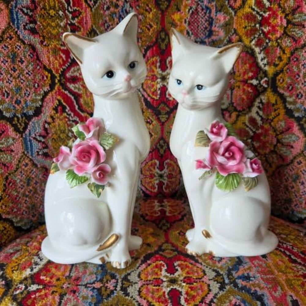 Vintage Ceramic Cat Figurine Pair w/ Pink Roses & Gold Accents Cottage Coquette